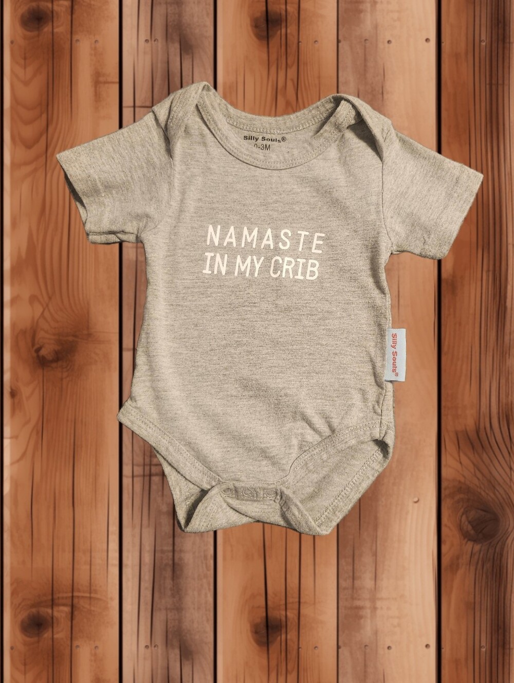 ​Silly Souls Funny Heather Grey Graphic Bodysuit "Namaste In My Crib" 0-3M